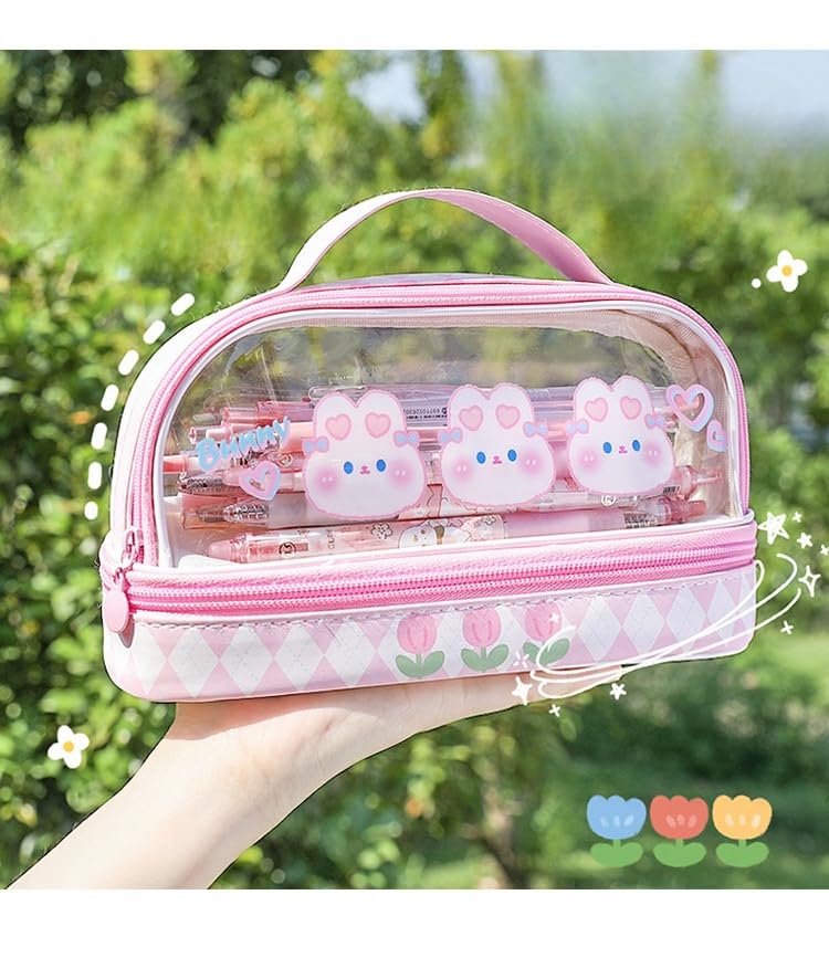 Image of Bunny Pencil Pouch w /Handle Rabbit Kitten Bear Puppy Pen Case Cosmetic Bag Clear Case Transparent Waterproof (Hello-Purple)