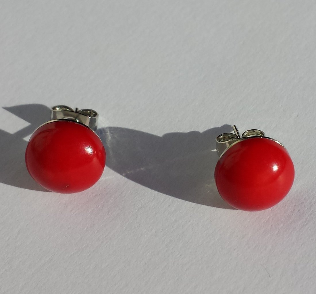 Red Coral Silver stud earrings