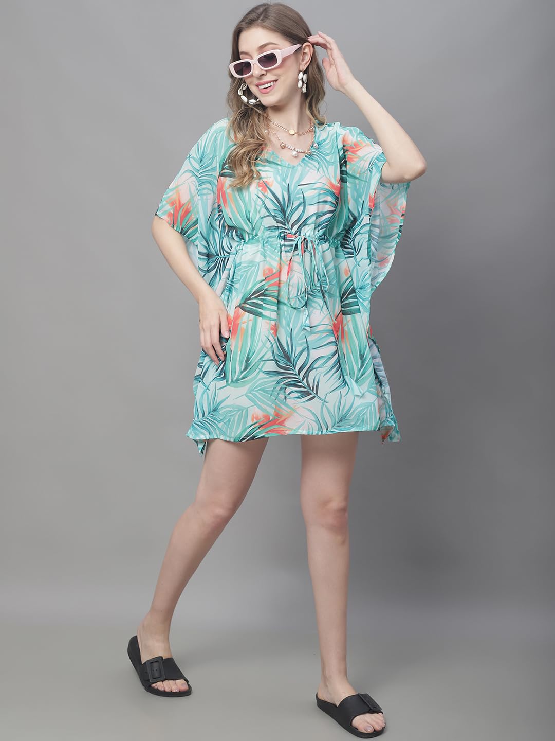 Claura Green & Orange Tropical Printed Swimwear Cover Up kaftan. (Green) 2