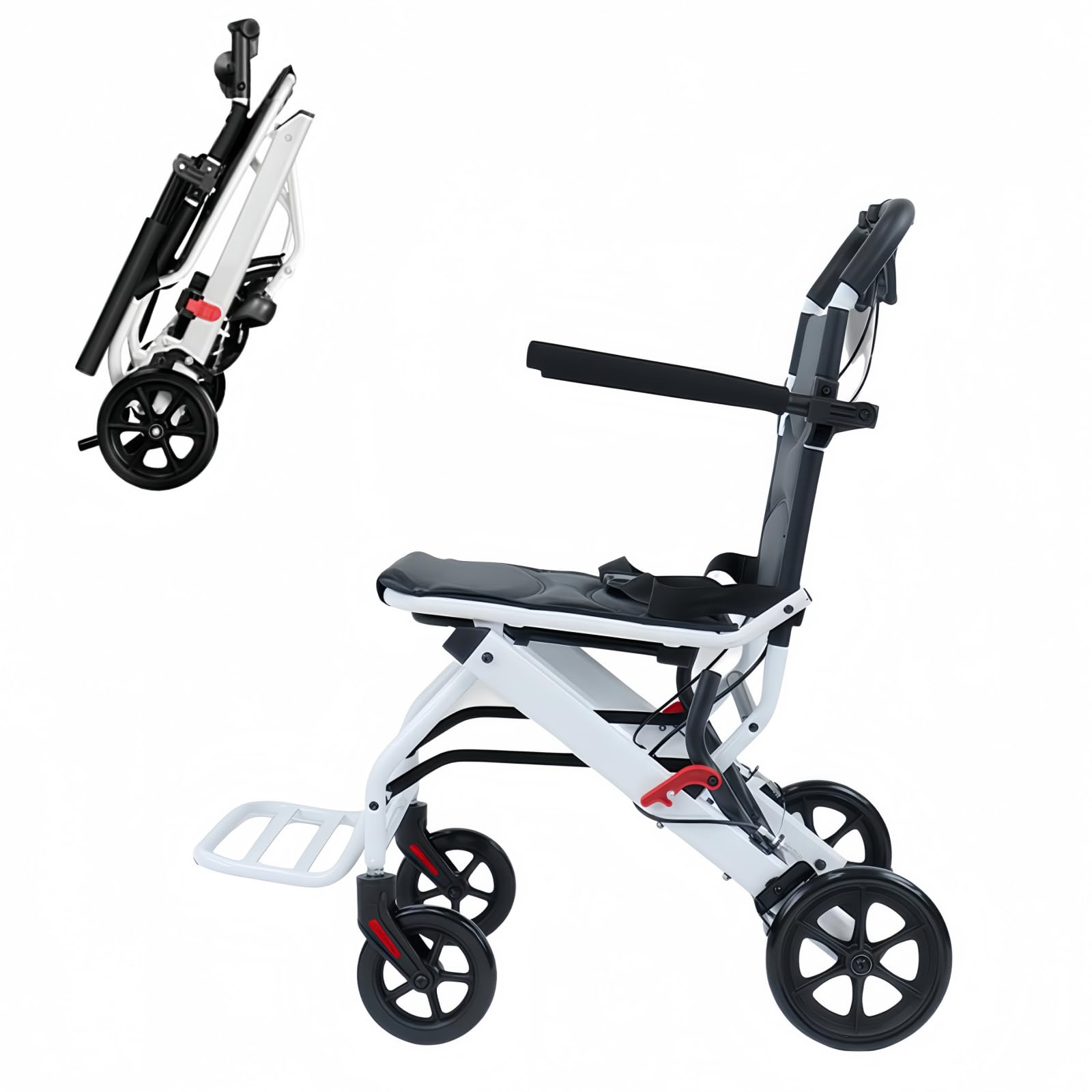 SXSLTSA Lightweight Travel Wheelchair, All Terrain Transport Wheelchair for Adults, 8.2kg, Double Brakes, Folding Wheelchairs with Adjustable Safety Strap and Footrests A