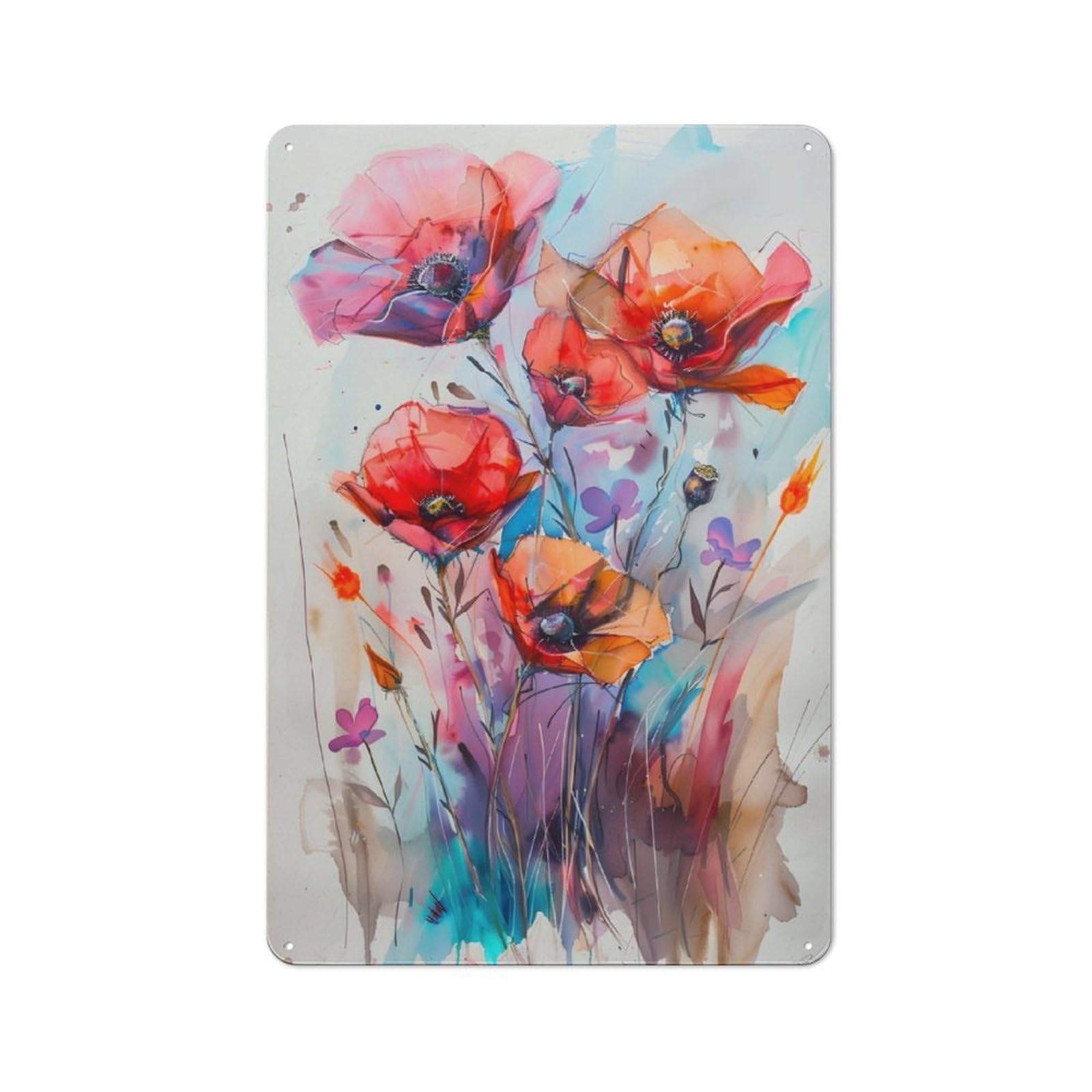 Junmoney Wild Flowers Watercolor Rustic Tin Wall Plaque 30X20cm For Home Office Or Studio, For Garage, Workshop And Man Cave Decoration