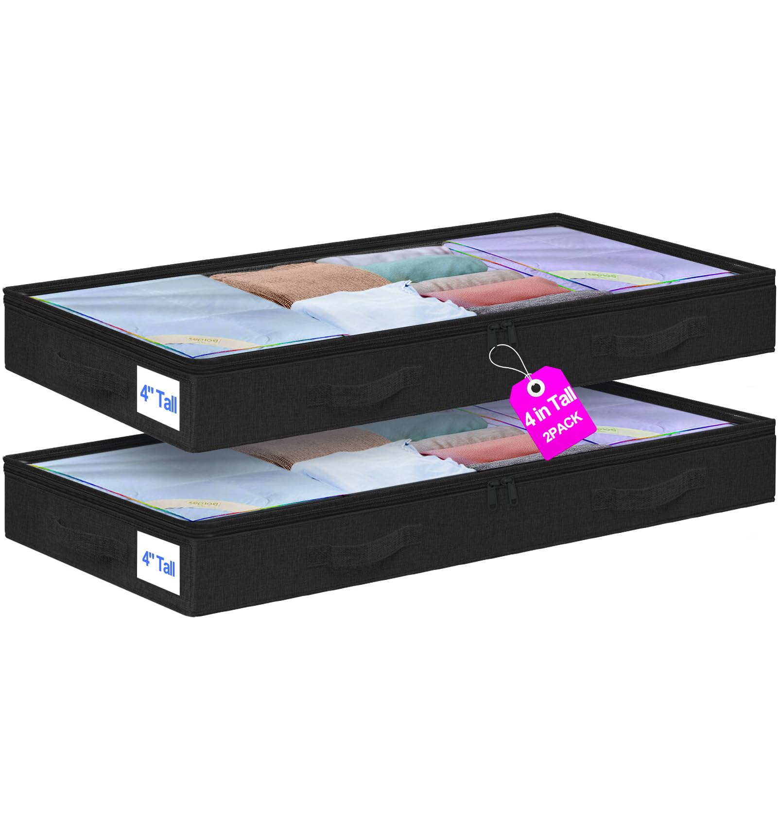 punemi 4" Tall Soft Low Profile Under Bed Storage Containers, 2 Pack, Black