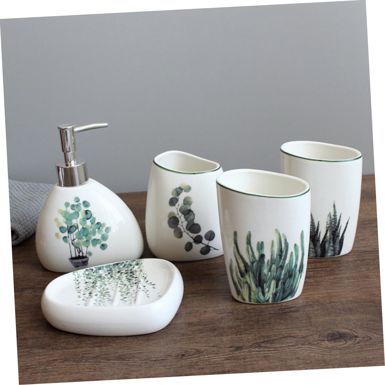 Juego de Accesorios de Baño de 5 Piezas Cerámico Jabonera Vaso para Cepillo de Dientes y Gárgaras Diseño Elegante Accesorio Compacto para Baño para Decorar y Organizar