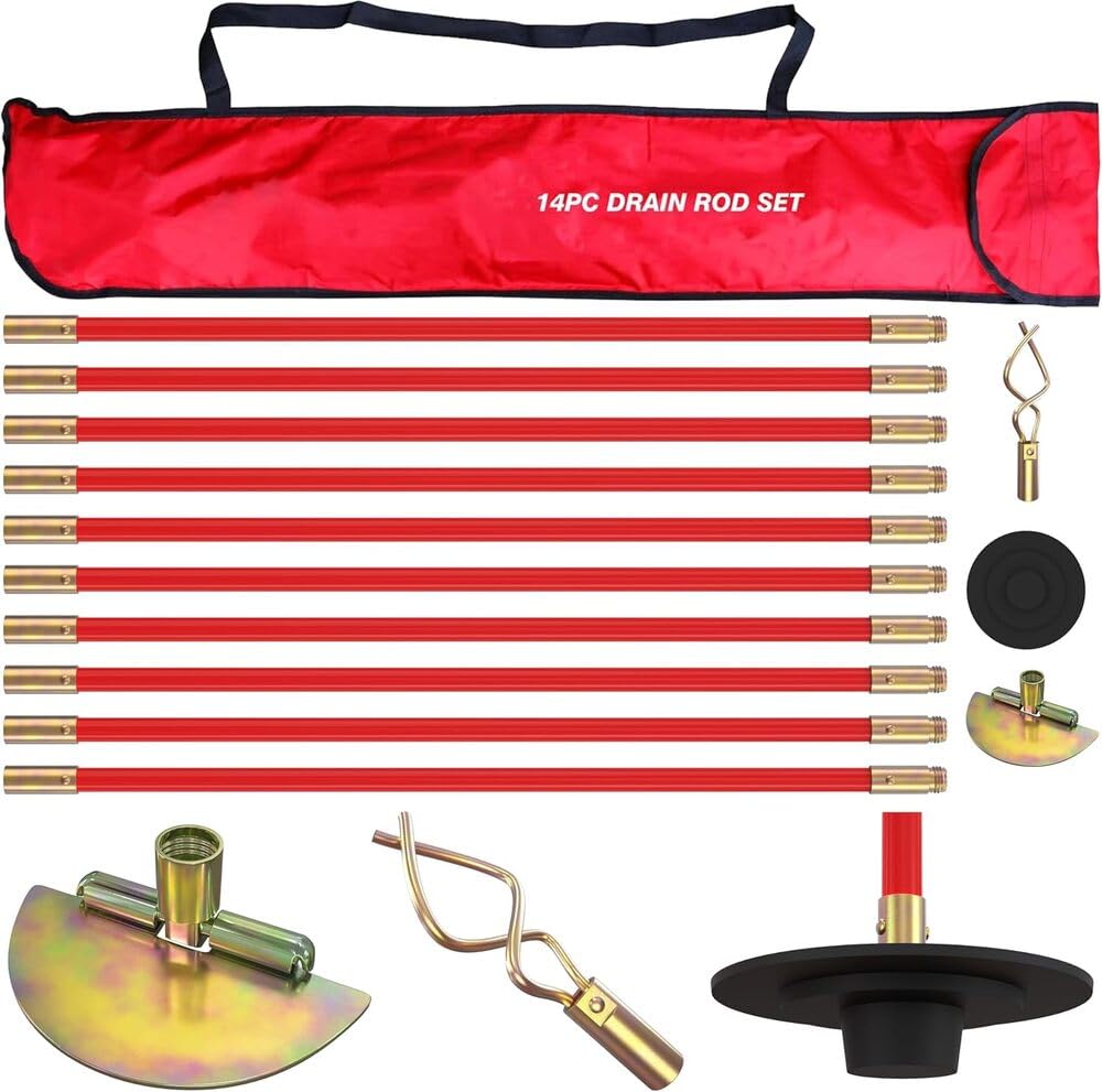Pro 30ft Drain Rod Set Kit in Carry Bag Professional Heavy Duty Unlock Plunger Worm Scraper Cleaning Rods Rodding 14 PC 9m Length