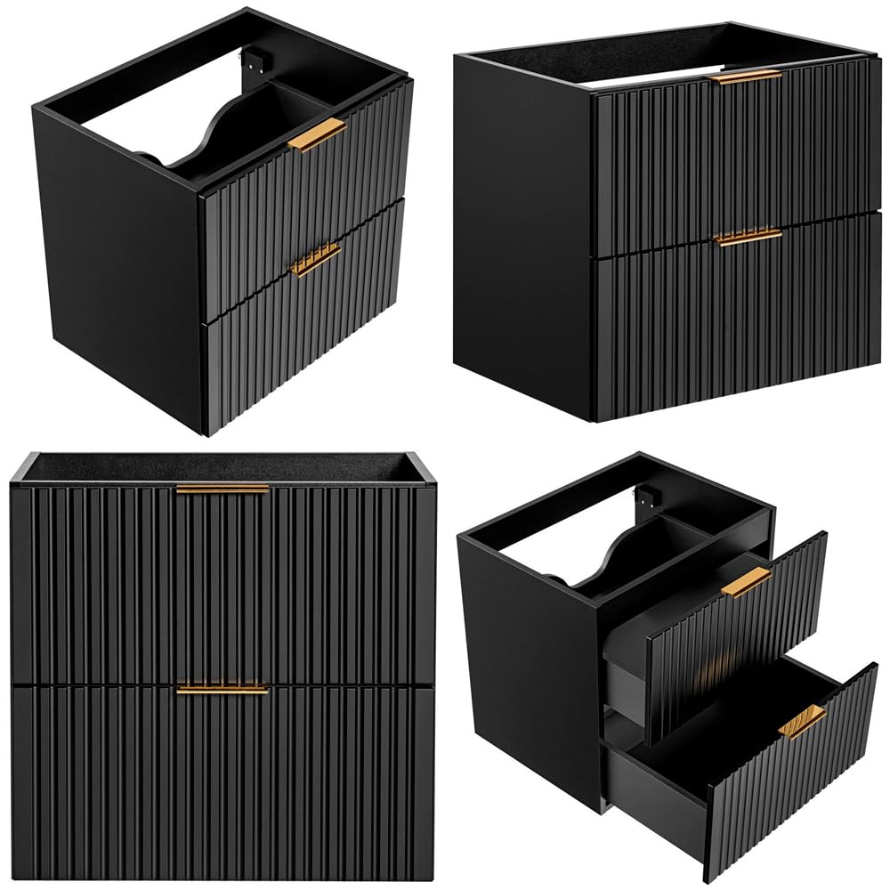 Lomadox Badezimmer Möbel Set, 60cm Waschtisch mit Keramik Aufsatzbecken, matt schwarz mit gerillter Front, B/H/T ca. 110/200/46,5 cm