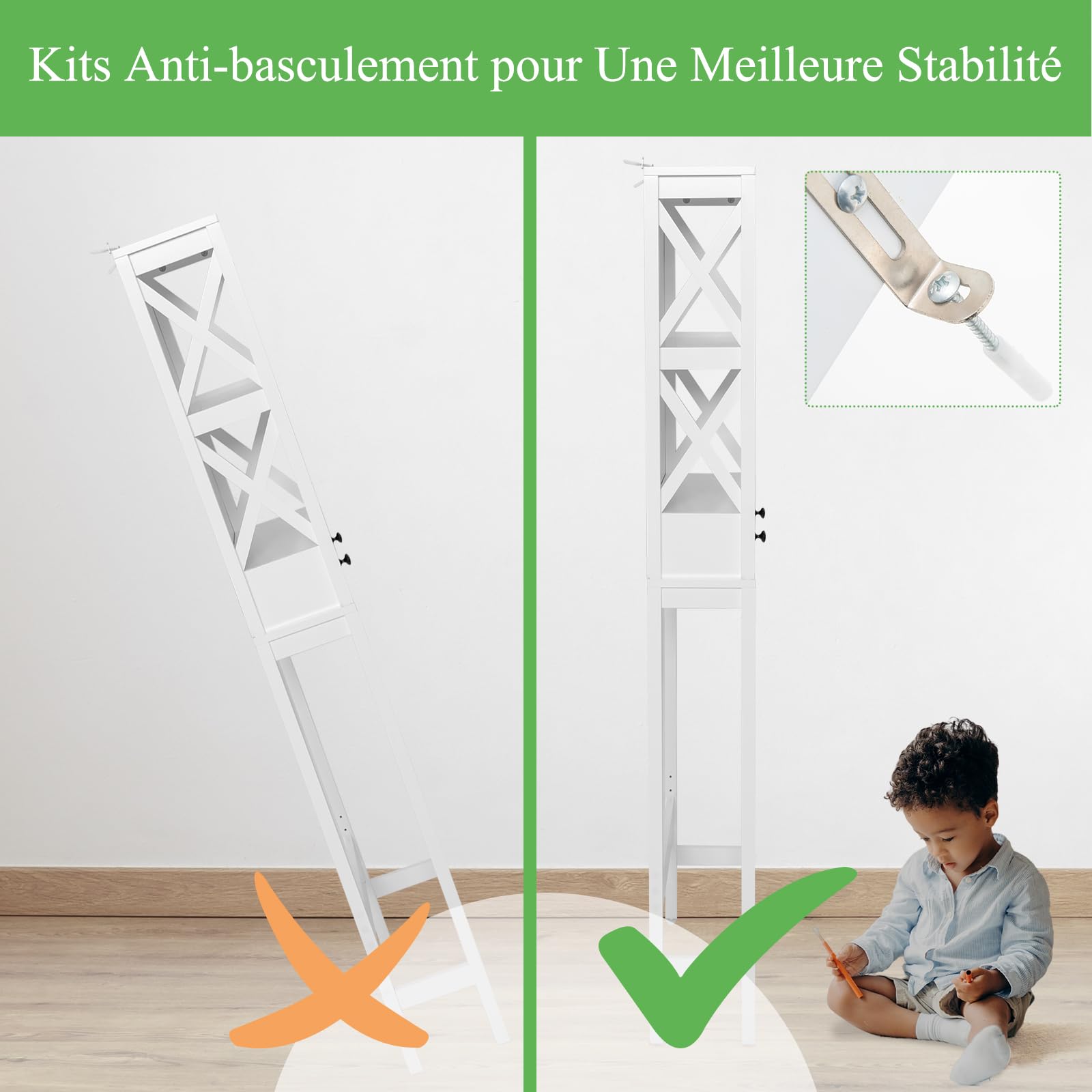 GIANTEX Étagère WC en Bois, Meuble de Rangement au Dessus des Toilettes ou Machine à Laver, Dispositif Anti-basculement, 2 Tiroirs et 2 Étagères, 60 x 20 x 165,5 cm, Blanc
