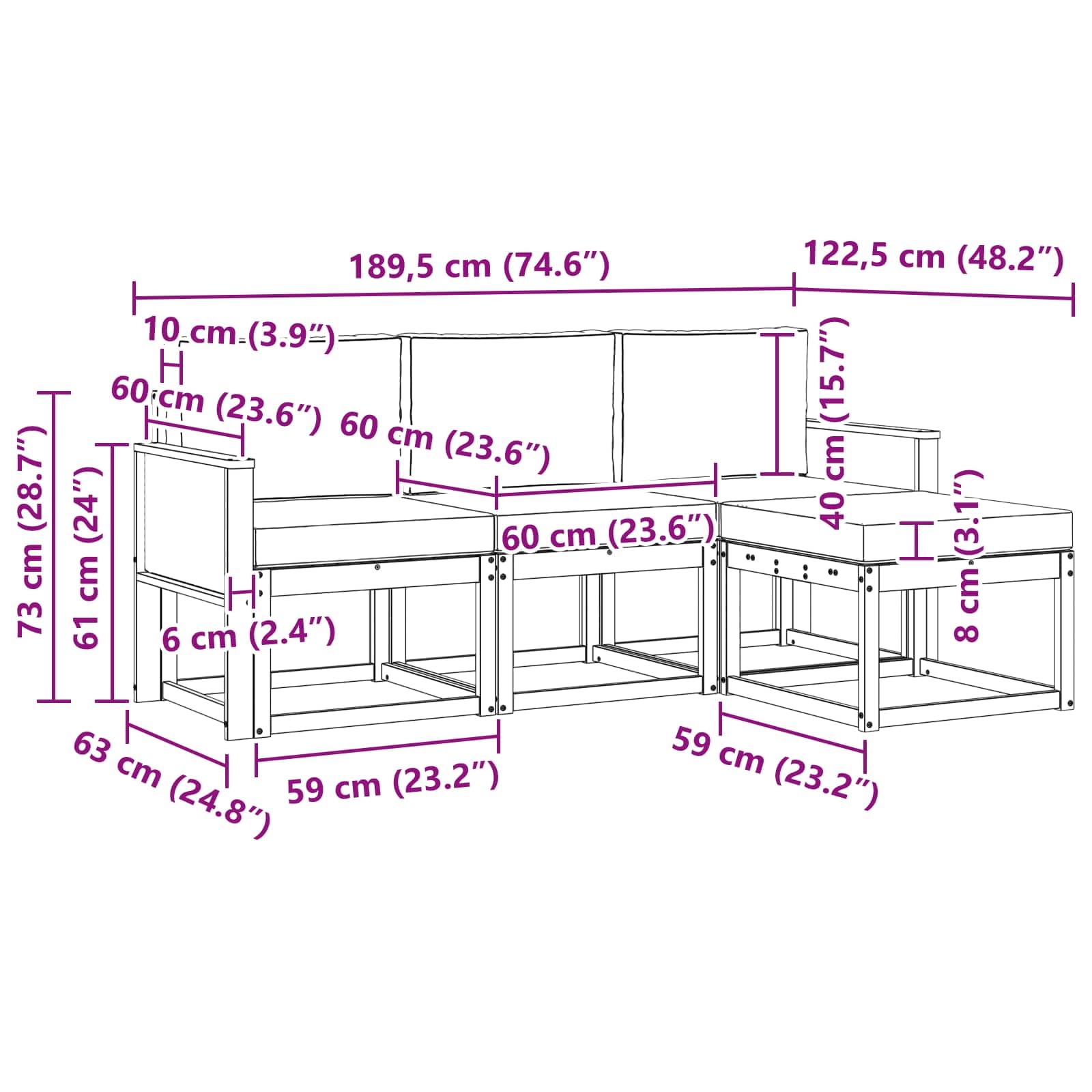 Outdoor-Sofagarnitur 4 Stück Modular wetterfestes Akazienholz Garten Terrasse Sitzgruppe mit 3 Sofas, Hocker und Kissen für Balkon, Garten, Terrasse, modernes Design