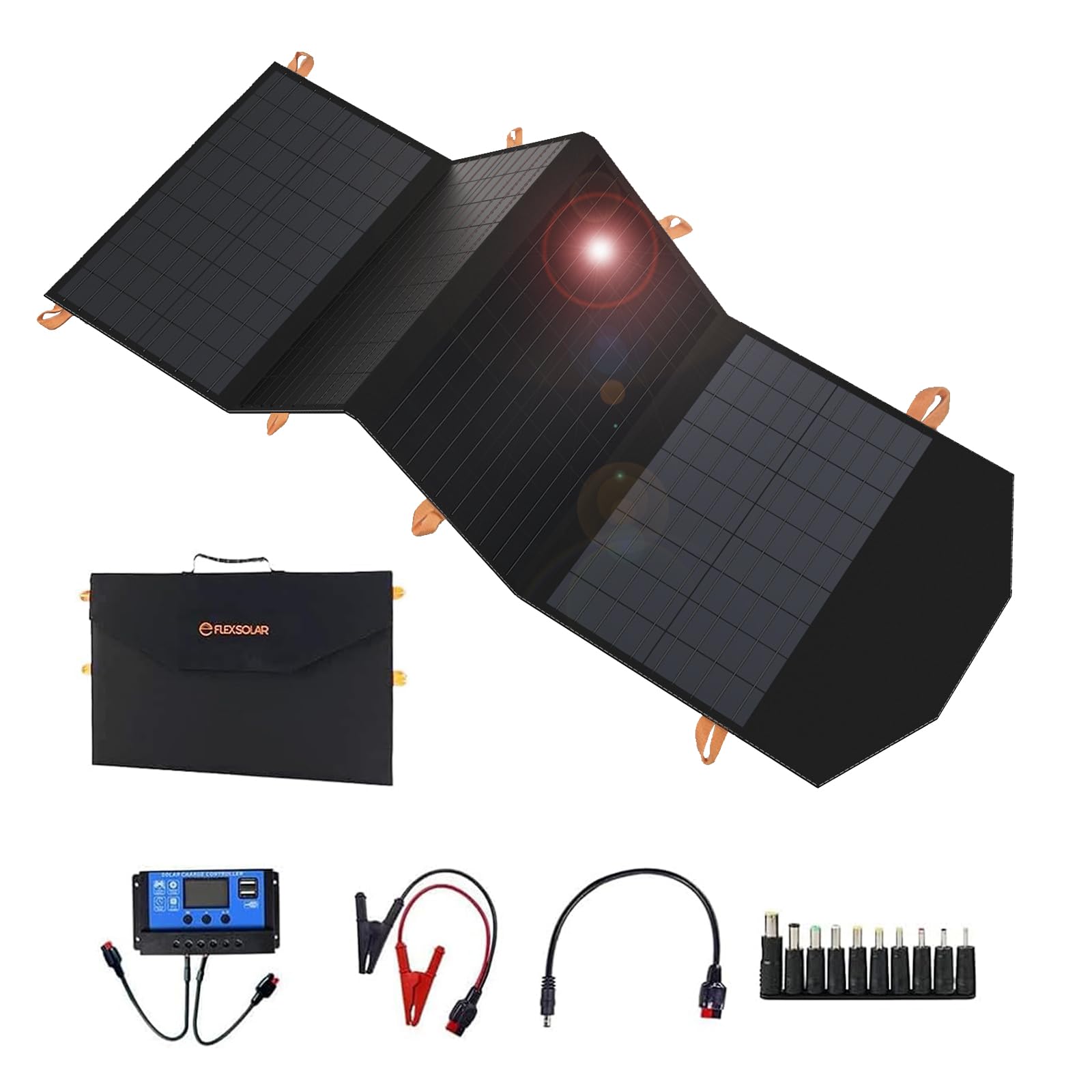 FlexSolar 120W Portable Solar Panel for 300/500/1000/1500W Power Station,IP67 Waterproof Folding Solar Charger with USB C&2 USB A&18V DC Output Charge Generator,Cell Phones,Power Bank,12V Car Battery