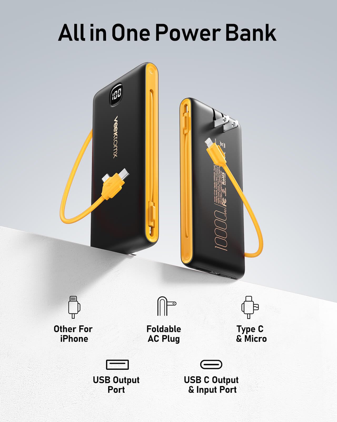 VEEKTOMX 10000mAh Portable Charger with Built-in Cables & Wall Plug view 3