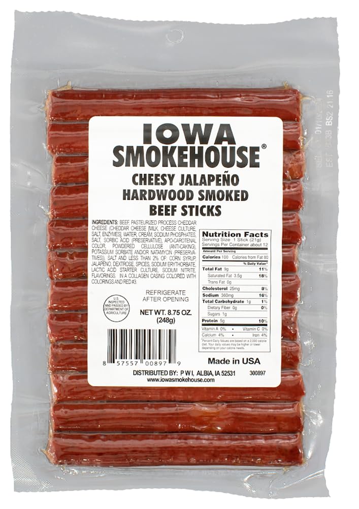 Iowa Smokehouse Cheesy Jalapeno Beef Sticks Hardwood Hickory Smoked Meat Sticks 8.75 Ounce (12 Sticks)