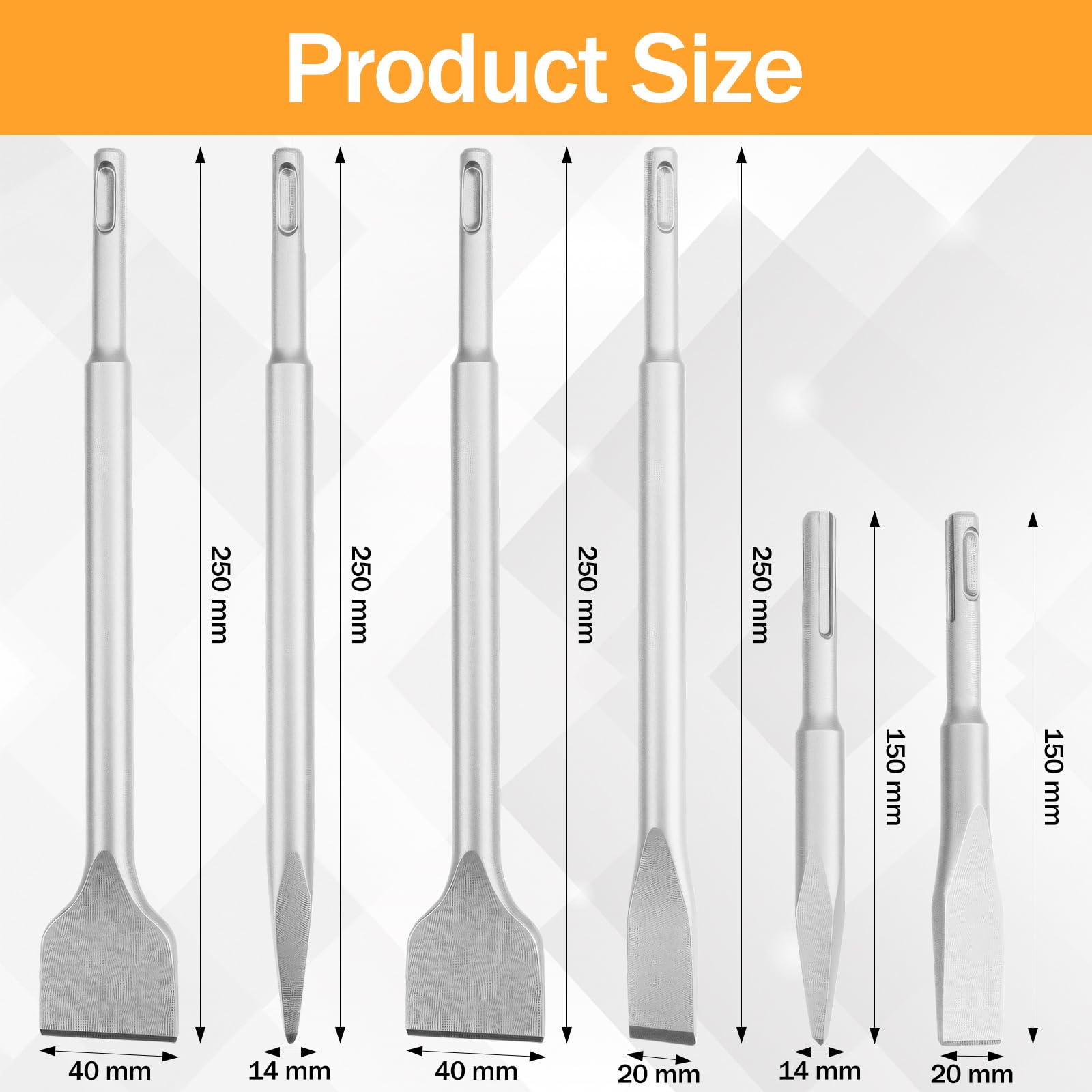 Cincel SDS Plus Juego de 6, Brocas SDS, Brocas Hormigon, 14x150mm&14*250mm Puntero, 20x150mm&20x250mm Cincel Plano, 40x250mm Cincels para Concreto, Mampostería,Taladros Ligeros y Martillos de Impacto