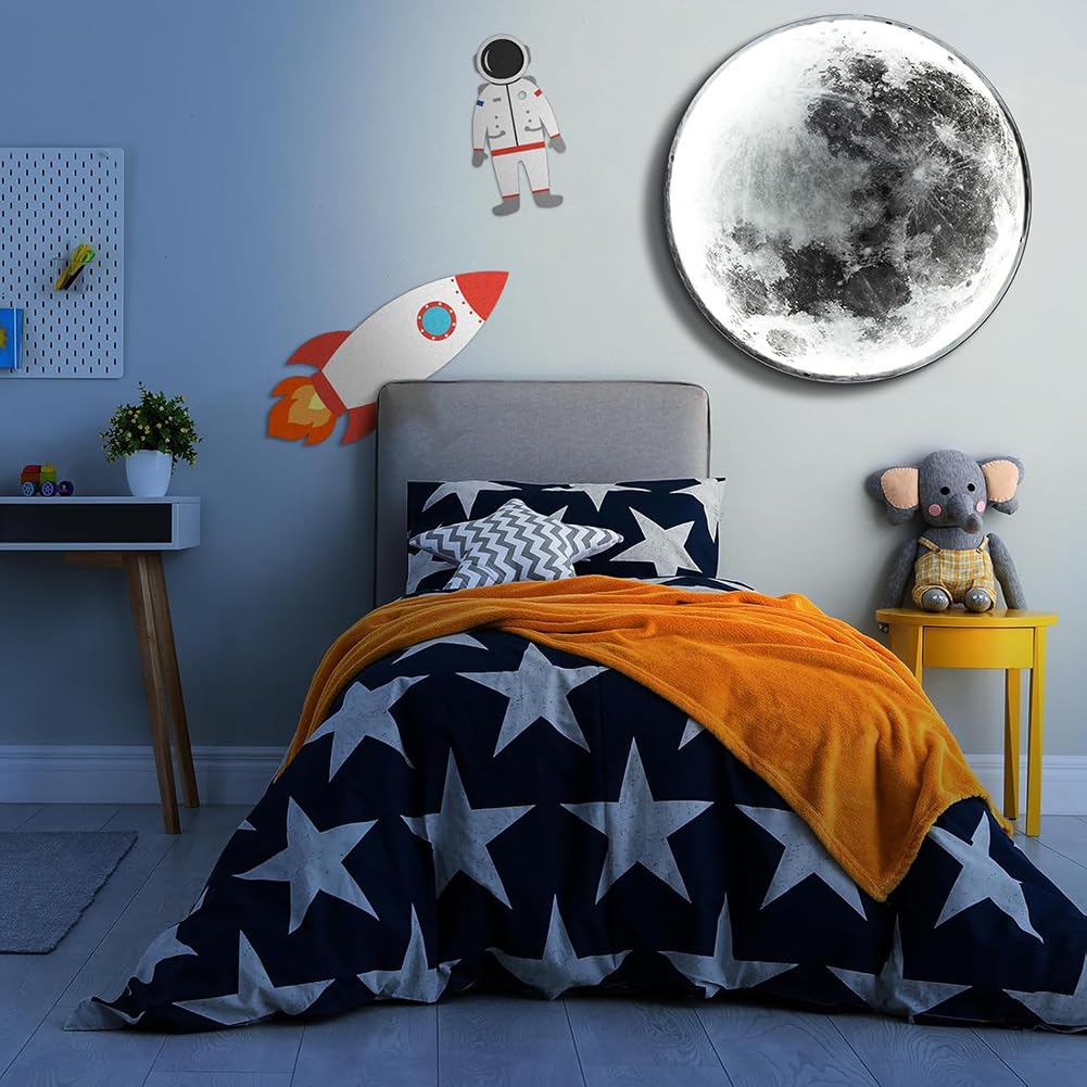 Mond LED Wandleuchte Innen Dimmbar Mond Wandlampe mit Stecker Kabel Mondlampe Schalter Runde Deko Lampe Wand Nachttischlampe Fernbedienung, Nachtlichtmodus und Speicherfunktion Wandbeleuchtung
