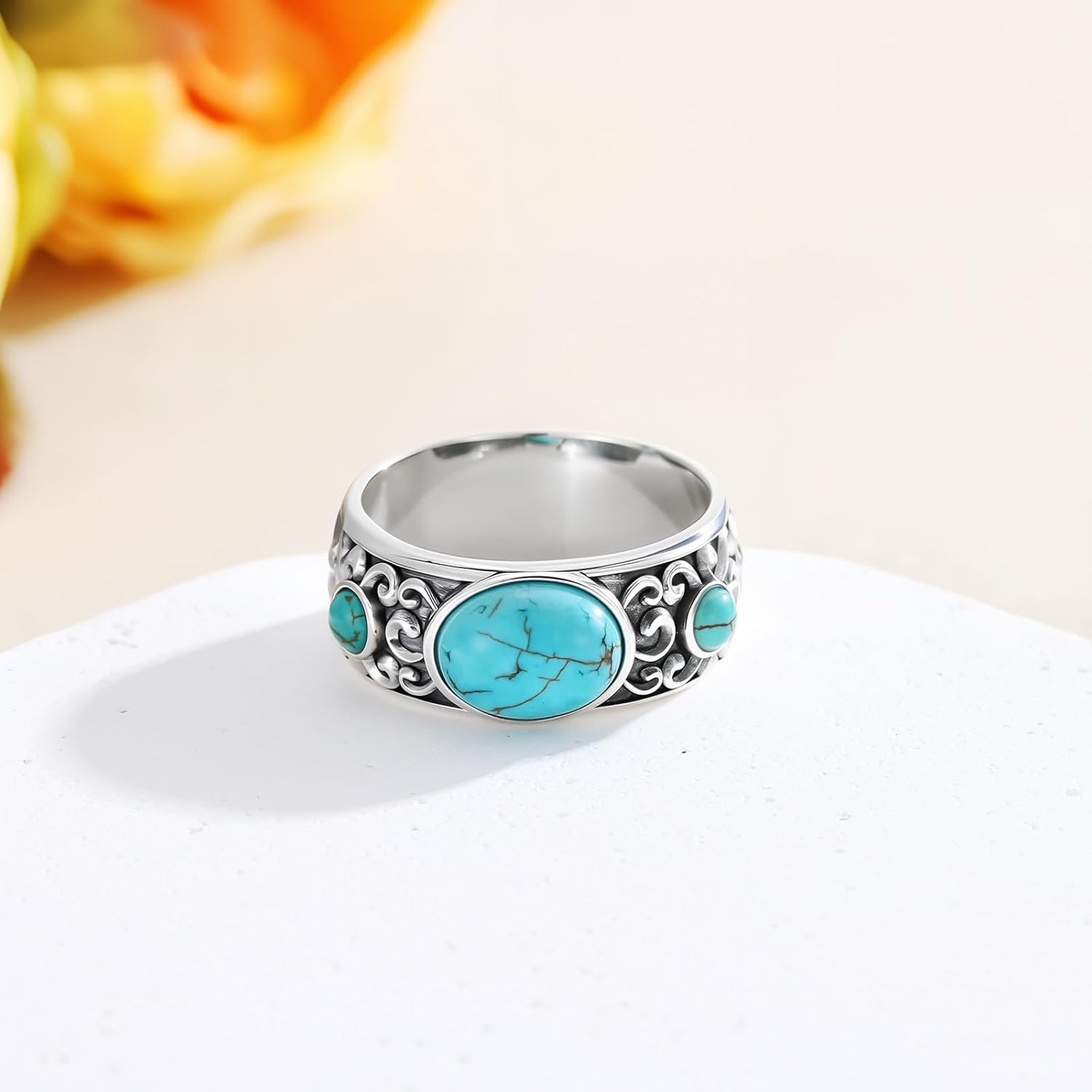 Real Turquoise Rings 925 Sterling Silver 3 Stone Wide Turquoise Gemstone Ring Jewelry Gifts for Women Size 5 to 11 - Image 2