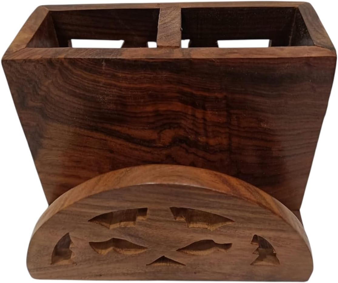 Handcrafted Wooden Cutlery Holder with Carved Design 2 Slot Utensil Organizer for Dining Table & Kitchen Multipurpose Rustic Spoon Stand