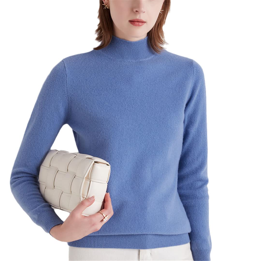 Maglione da donna in cashmere mezzo collo alto autunno inverno pullover pigro stile maglia maglia maglione di lana, Blu, M