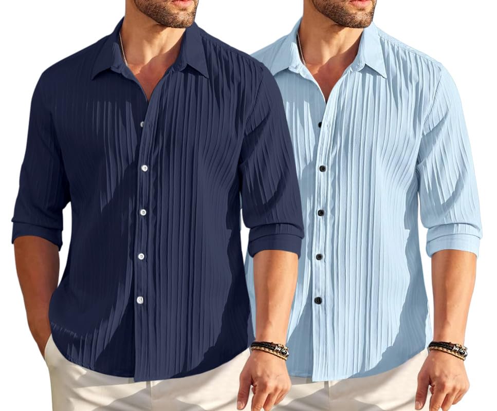 Image of FINIVO FASHION Men's Cotton Blend Shirt Set Lightweight, Full Sleeves, Plain Texture, Button Closure, Summer Ready (Pack of 2)