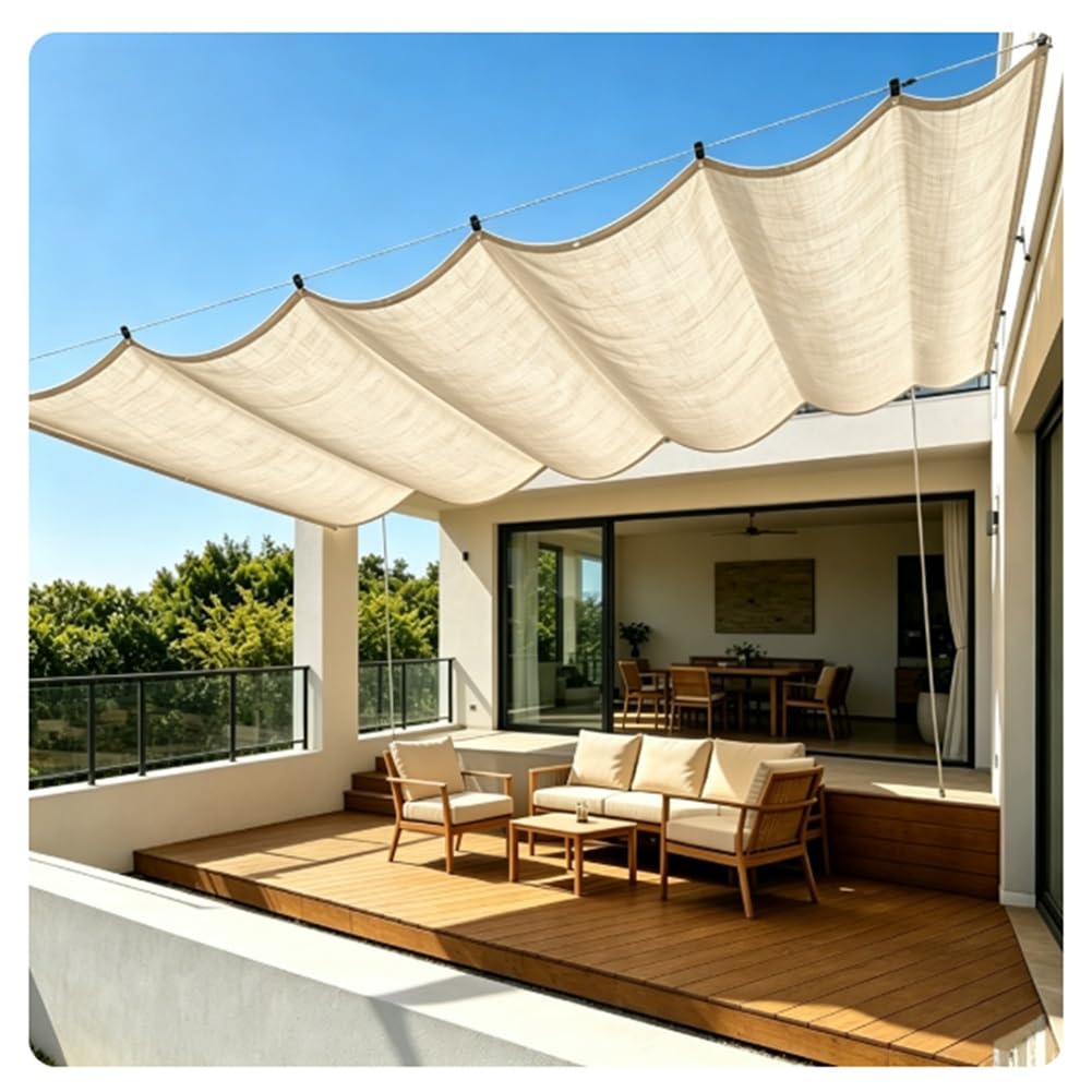 Customizable Retractable Sun Shade Sail, Wave Pergola Shade Cover, Polyester Sunscreen Awning Canopy, for Outdoor Gardens Patios Decks And Gazebos
