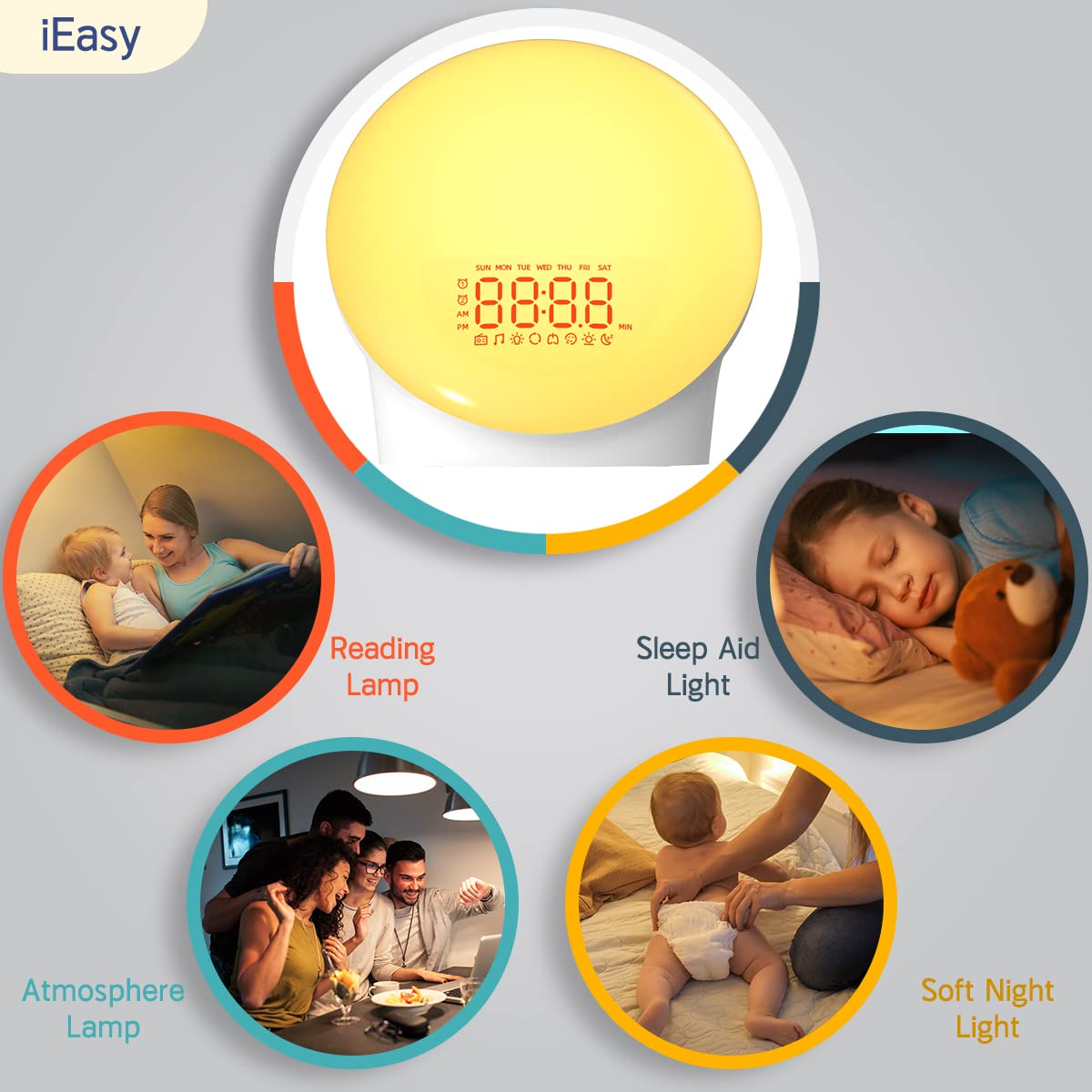 Réveil lumineux pour tout le monde, simulation du lever du soleil, aide au sommeil, double alarme, radio FM, répétition, veilleuse, 13 couleurs, 23 sons de sommeil, 28 tonalités d'alarme