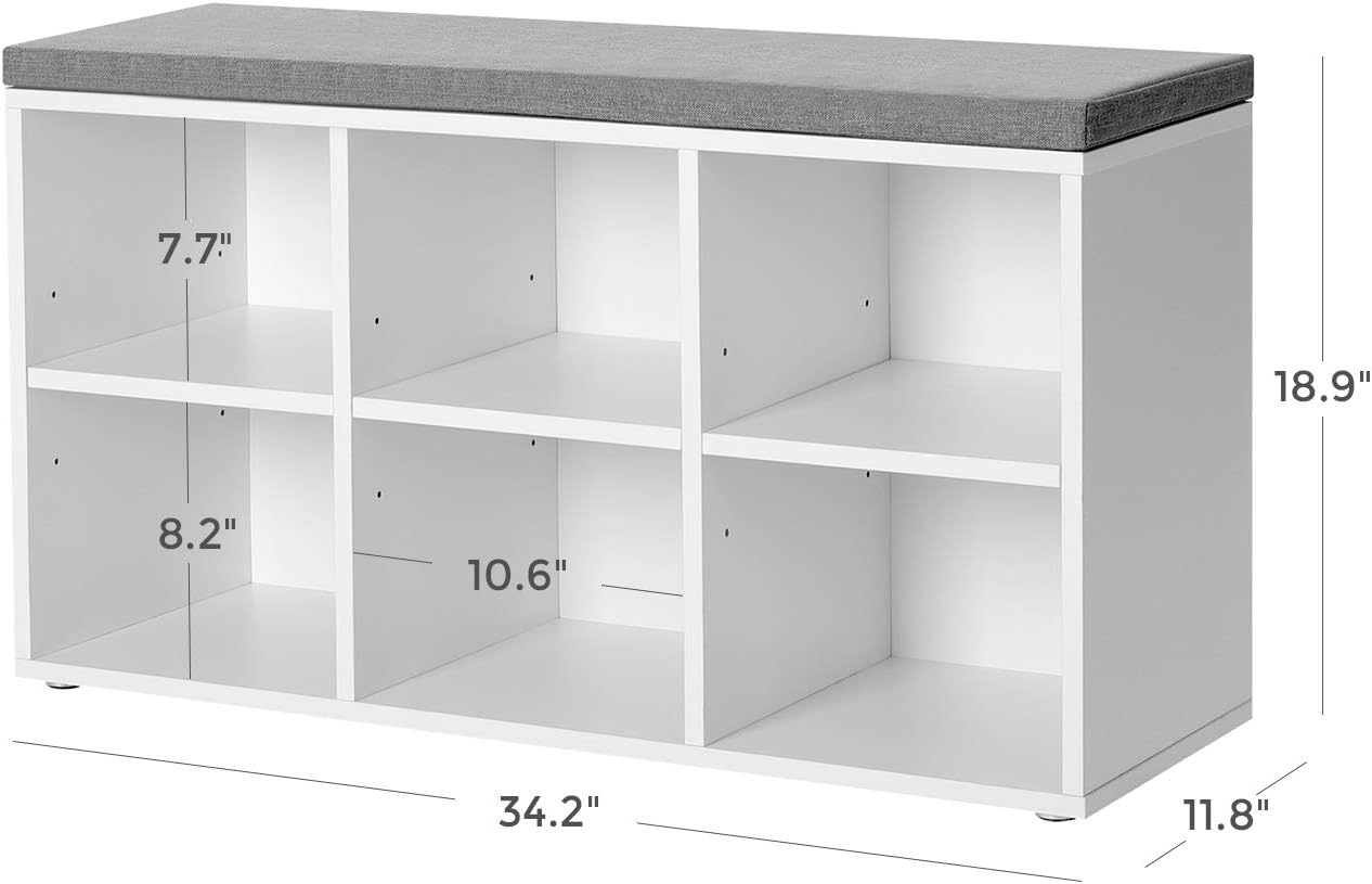 Big Sale VASAGLE Bench, Shoe Storage Organizer with 6 Compartments and 3 Adjustable Shelves, Cushioned Seat, Compact and Narrow, White + Grey New Product VASAGLE Bench, Shoe Storage Organizer with 6 Compartments and 3 Adjustable Shelves, Cushioned Seat, Compact and Narrow, White + Grey
