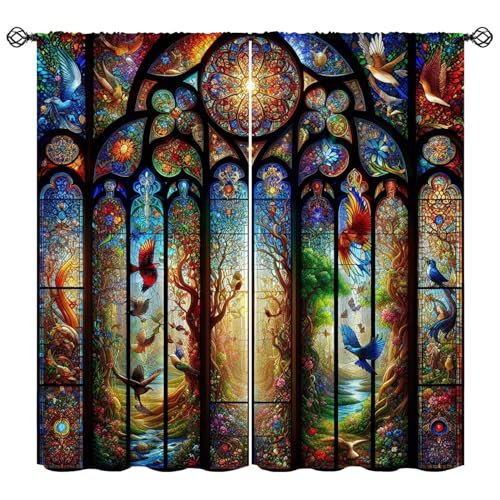 FengMingRui Fantasy Stained Glass Curtains Dream Forest Bird Geometric Patchwork Abstract Window Treatments for Kids Boys Girls Bedroom Living Room Window Drapes 42' W X 45' L