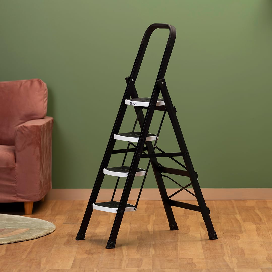 BonKaso Premium Alloy Steel Heavy Duty Multipurpose Foldable 5 Step Ladder with Connecting Frame & Belt Support, Load Capacity Upto 120kg for Home and Outdoor - (Orange) — Amazon image 3