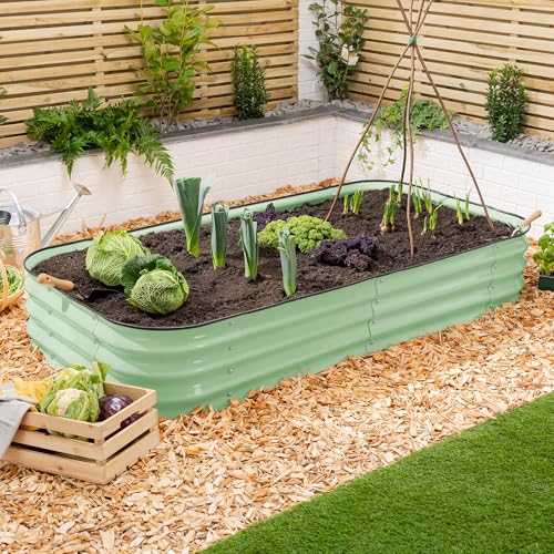 CHRISTOW Rectangle Raised Garden Bed – 180cm x 90cm x 30cm, Sage Green Galvanised Steel Planter, Open Base for Drainage, Outdoor Grow Bed for Plants, Flowers & Vegetables, Protective Rubber Rim