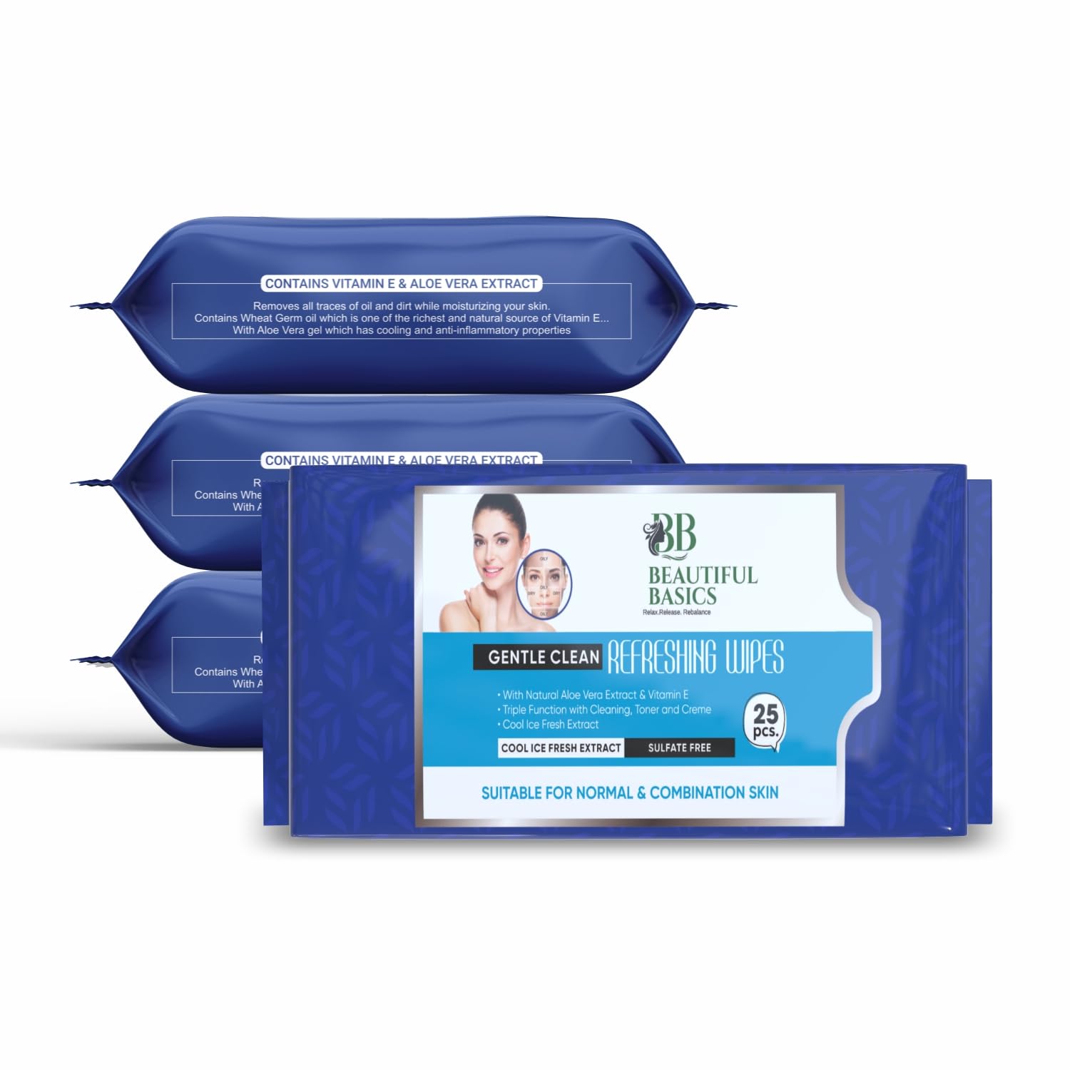Combination and normal face cleansing wipes, with goodness of alovera 25 pcs Per Pack | Pack of 4 (For Normal Skin)-image-22
