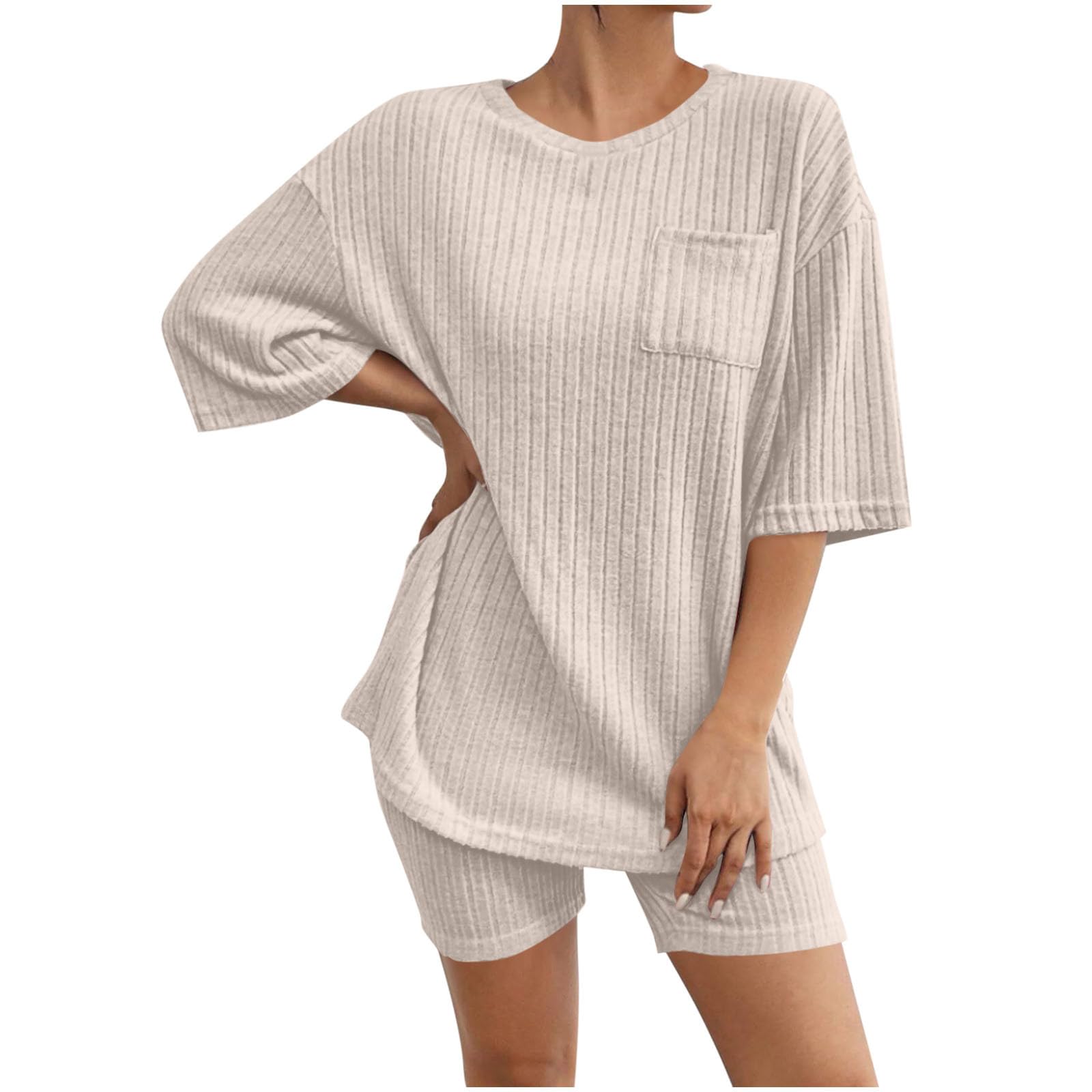 Womens 2 Piece Outfits Sets Crew Neck Casual Short Sleeve Tops Shorts Pants Lounge Set Solid Color Workout