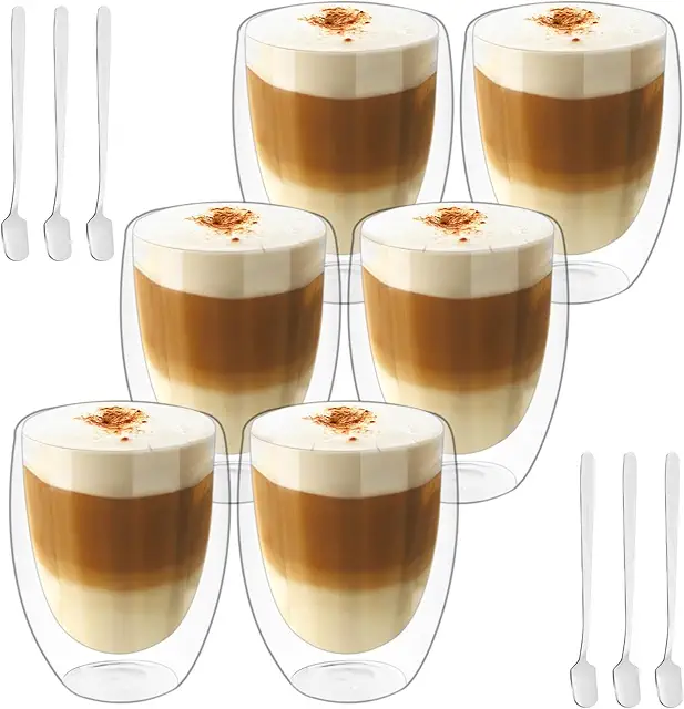 Double Wall Glass Mug Set - 6x350ml Heat Resistant Cups with Spoons
