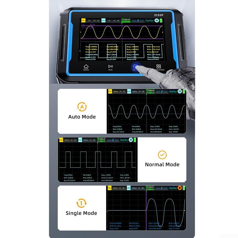Osciloscopio digital 3 en 1 2C53P 50MHz 2CH con generador de señal y multímetro, pantalla táctil de 4.3 pulgadas, 250MSa/s, 4000mAh para ingenieros y aficionados