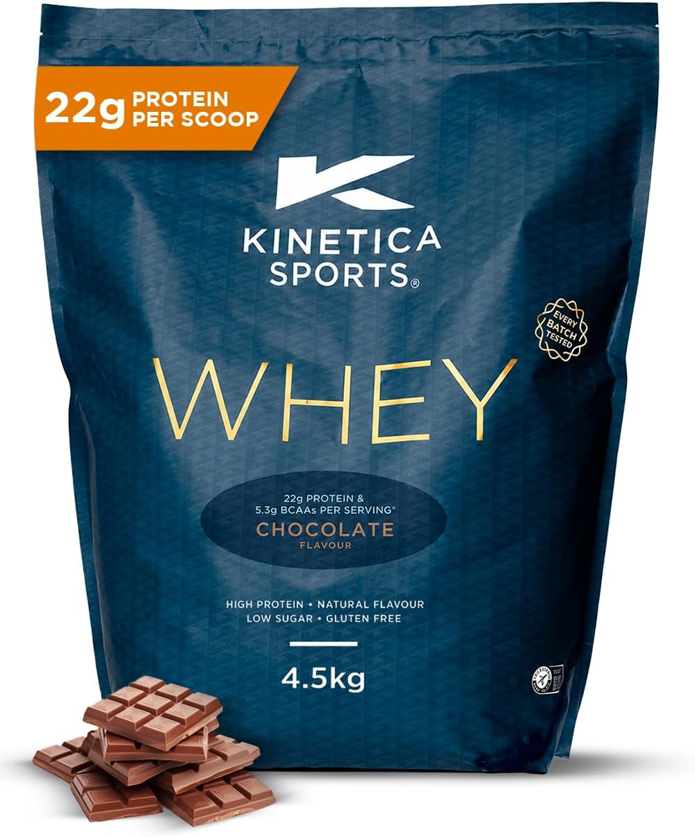Kinetica Sports Whey Protein Powder - Chocolate, 4.5 Kg, 150 Servings | 23g Protein, 5.5g BCAA Amino Acid & 4.32g Glutamine | Recovery Shake for Optimum Nutrition | WADA & Informed Sport Approved