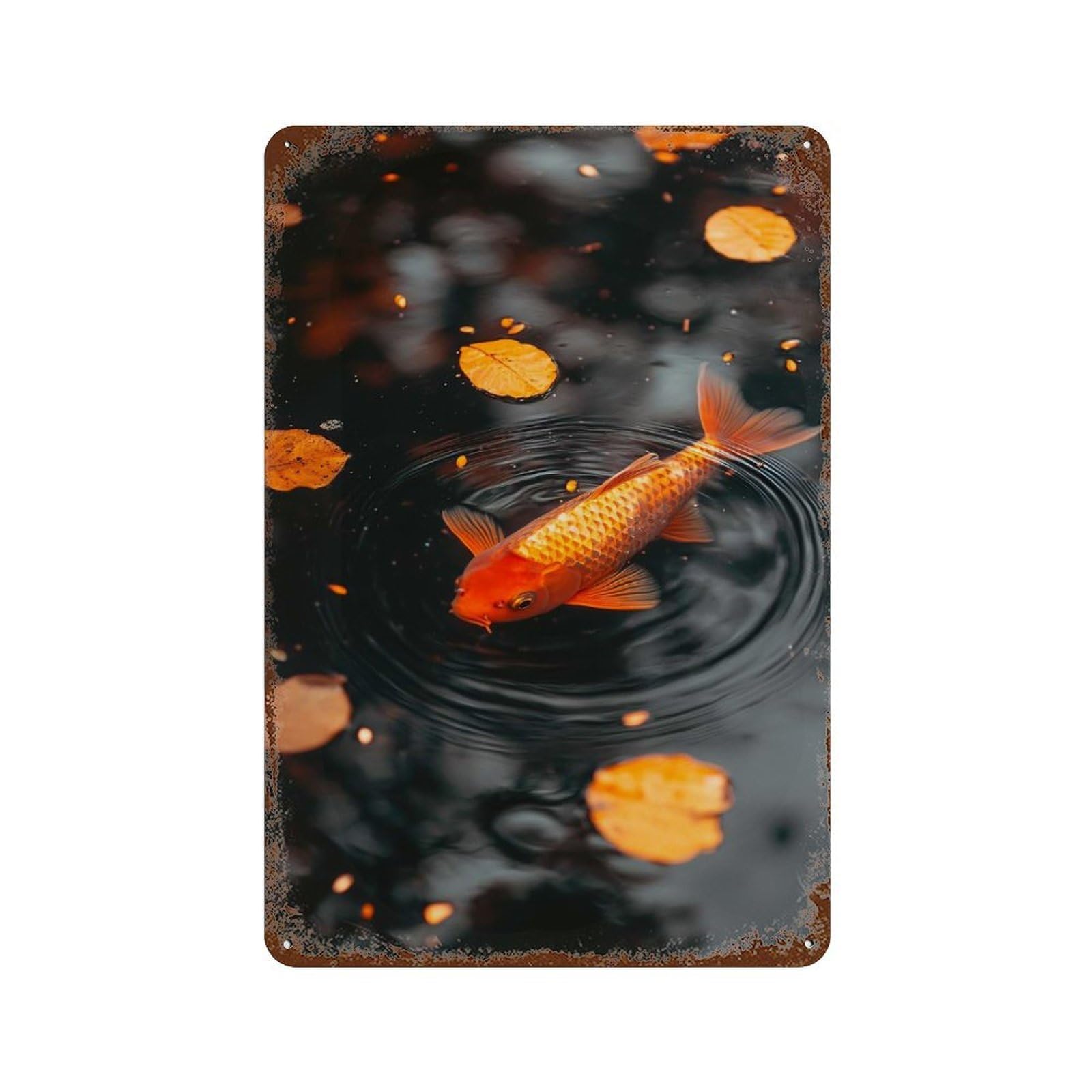 Rust Effect Koi Fish in Pond with Leaves Rusty Metal Tin Sign 11.8"x7.9", Industrial Home Decor for Living Room, Hallway And Home Decor