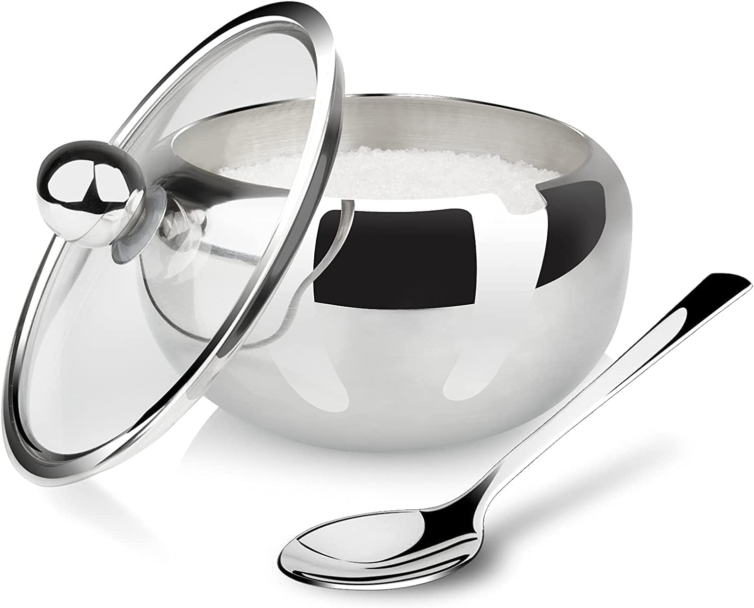 Stainless Steel Sugar Bowl with Lid and Spoon, Serving Dish, Clear Glass Lid, Storage for Salt, Candy, Coffee, Holds 1 Cups, Dishwasher Safe (A-Small)