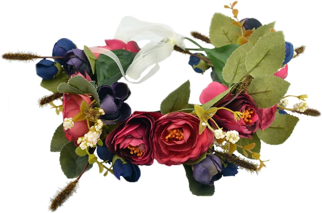 Floral Crown Wreath Flower Garland Headband Hair Wreath Hair Garland Flower Halo Floral Headpiece Boho with Ribbon Party Wedding Festival Blue, One Size