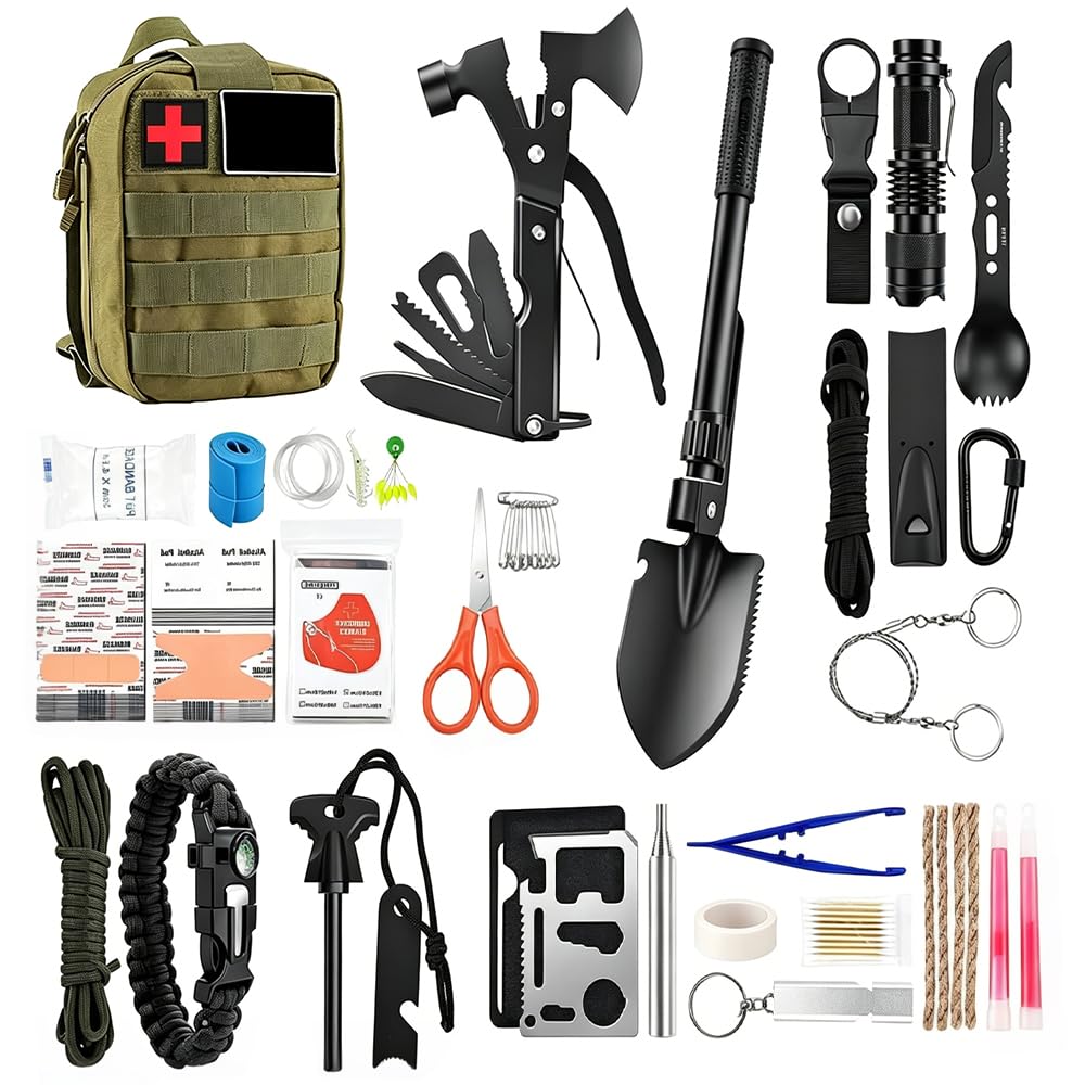 Kit de supervivencia de emergencia al aire libre con kit de primeros auxilios, 66 unidades de equipo de supervivencia al aire libre con multiherramienta, pala plegable, manta de rescate, kit de