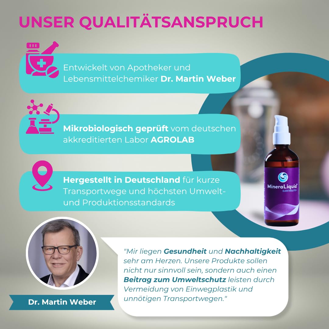 Elektrolyte+ - Mineralien für Wasser bei erhöhtem Bedarf - Magnesium, Calcium, Natrium, Kalium - 100ml Mineralkonzentrat ohne Zucker - Geschmacksneutral - Made in Germany