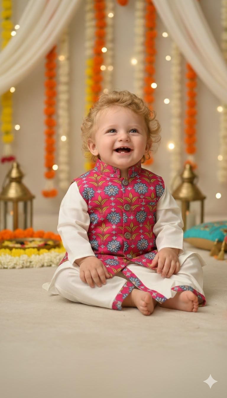 A.T.U.N. (ALL THINGS UBER NICE) Kurta Dhoti Ethno Baby Jungen Set mit Nehru Jacke bedruckt | Traditionelles indisches Festliches Bekleidungsset | Elegantes feierliches Outfit