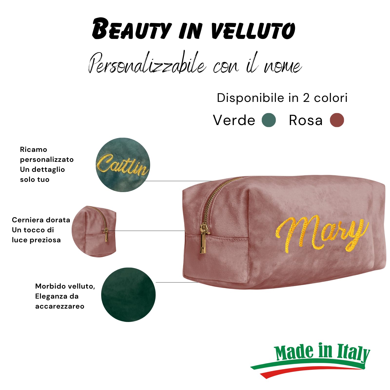 Fatto da Mani - Trousse Make Up Personalizzabile con Nome Ricamato – Beauty Case in Velluto Elegante da Viaggio, Astuccio Multiuso Porta Cosmetici Donna – 23x11x11cm (Beauty case - Rosa antico)