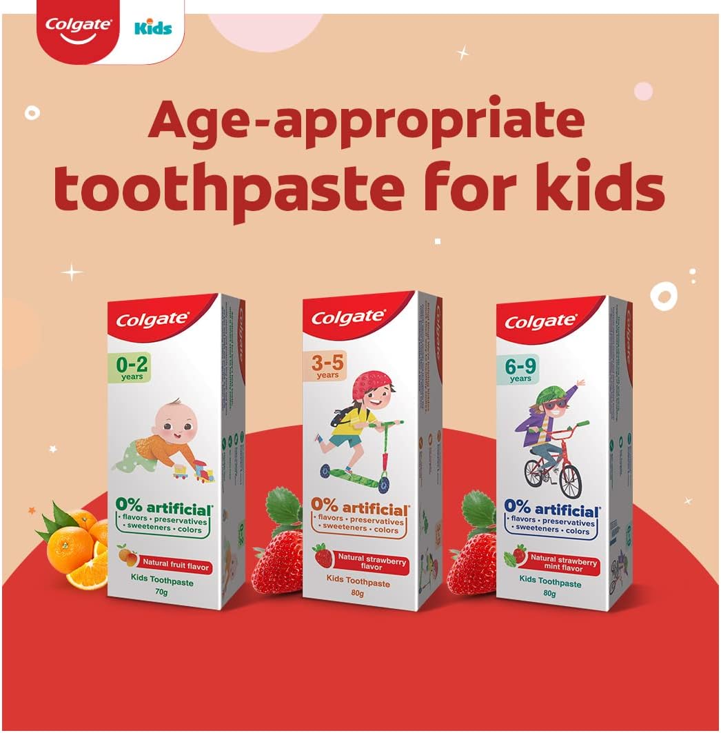 Colgate Kids Cavity Protection Toothpaste 6-9 Years, 160g (80g x 2), Natural Strawberry Mint Flavour, 0% Artificial(5.6 Ounce)