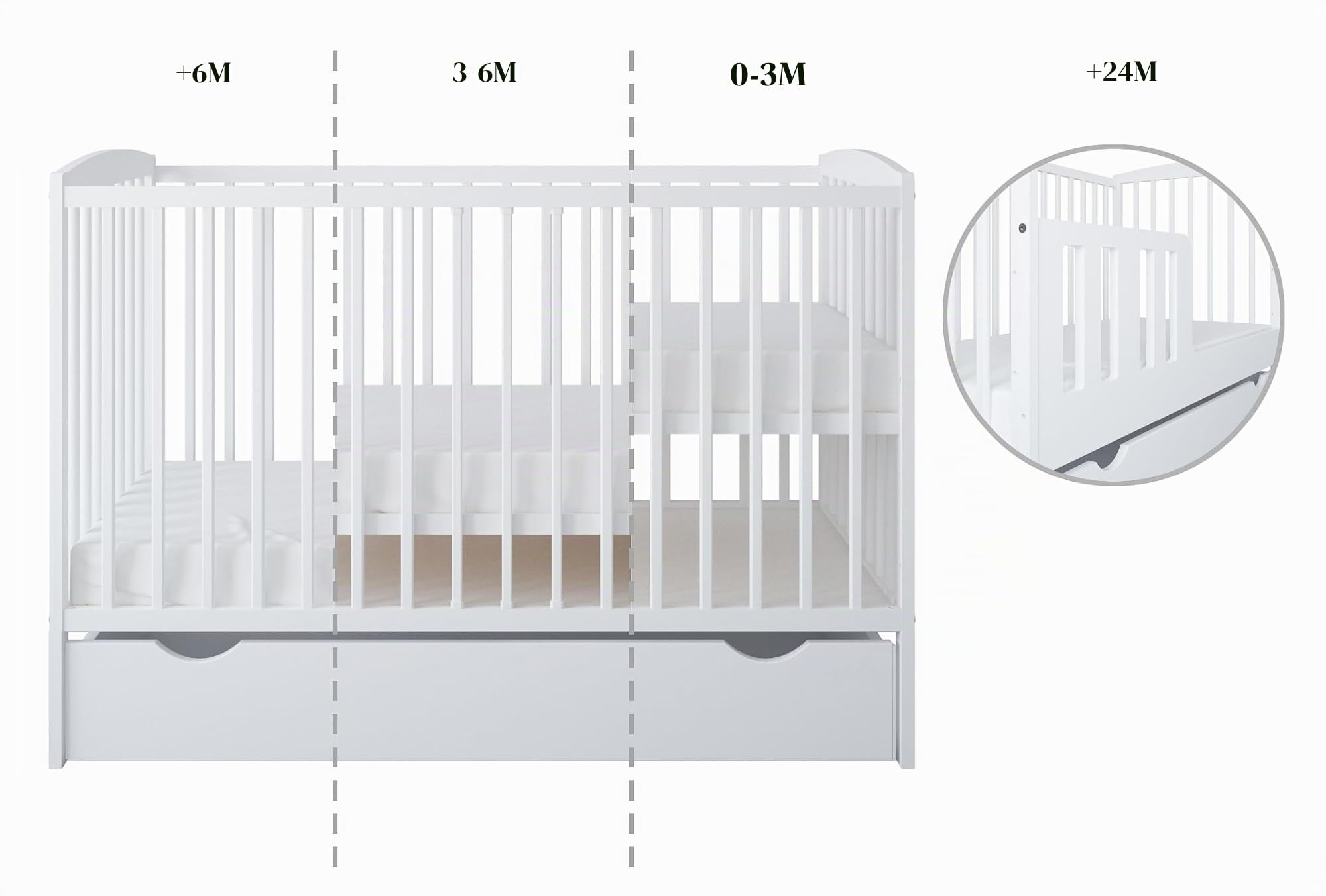 zee Lettino Neonato 120x60 cm Bianco 2in1 Trasformabile in Letto Junior Altezza Regolabile su 3 Livelli con Sponda di Sicurezza Legno di Pino