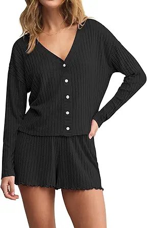 Dressmine Womens Long Sleeve Pajama Sets Button Up Pajamas Sleeping Shorts 2 Piece Lounge Set Knit Sexy Sleepwear