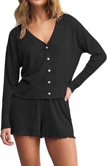 Dressmine Womens Long Sleeve Pajama Sets Button Up Pajamas Sleeping Shorts 2 Piece Lounge Set Knit Sexy Sleepwear