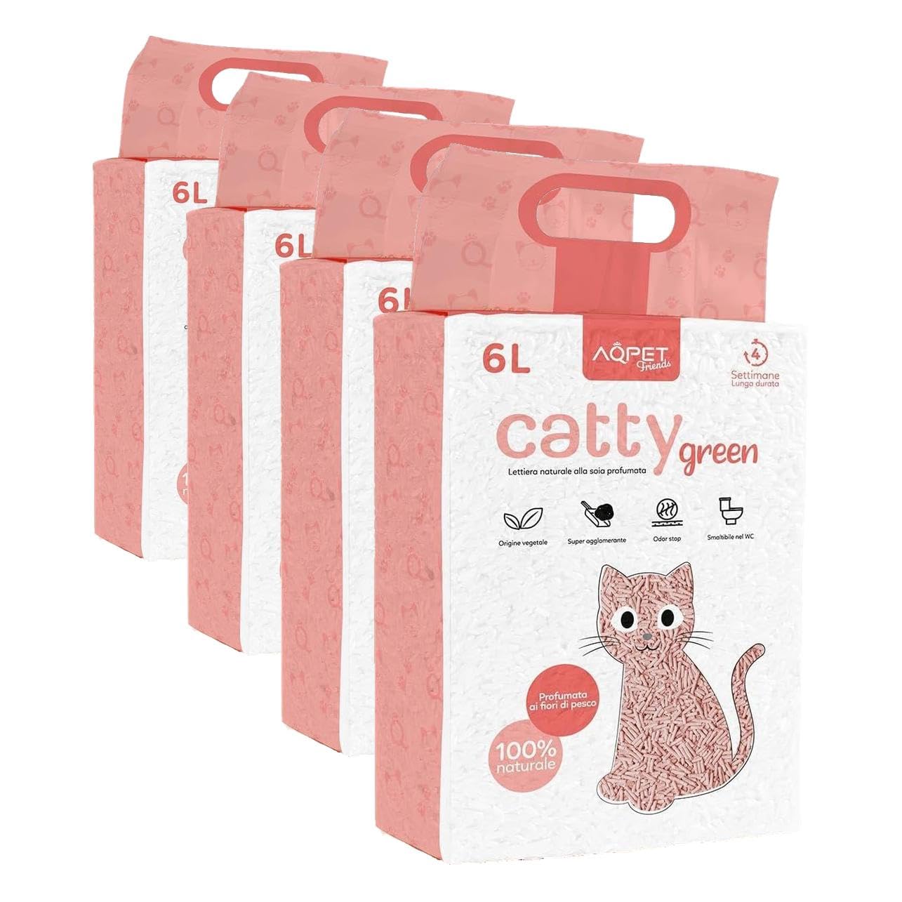 AqpetFriends Lettiera CattyGreen Sabbia per Gatti alla Soia Naturale di origine Vegetale profumazione alla Pesca (Confezione da 4)