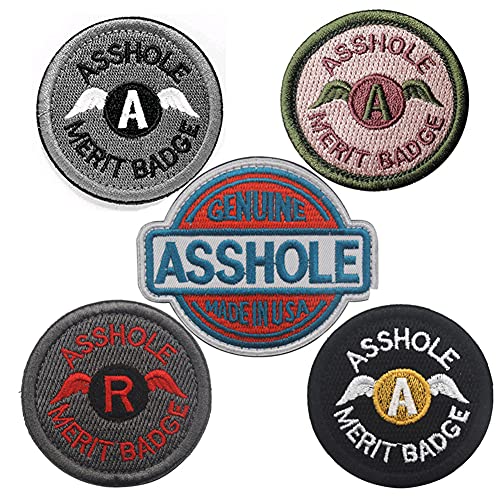 5Pcs Asshole Merit Badge Embroidered Applique Fastener Hook and Loop Military Morale Shoulder Armband Emblem Patches for Backpacks Caps Hats Vests Bags
