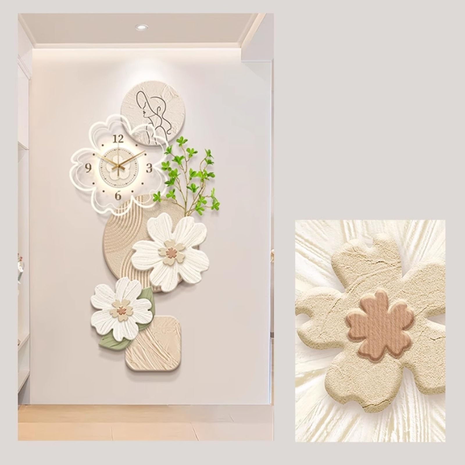Dekoracyjny obraz z zegarem Large Floral Wall Light Decoration with Clock and Remote Control, Adjustable Wall Light Wall Clock Mural Decoration Lampa ścienna(Green,70 * 140cm)
