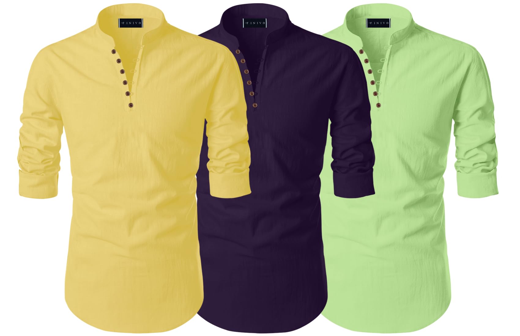 FINIVO FASHIONMen's Cotton Blend Regular Fit Solid Casual Kurta Shirt Pack of 3