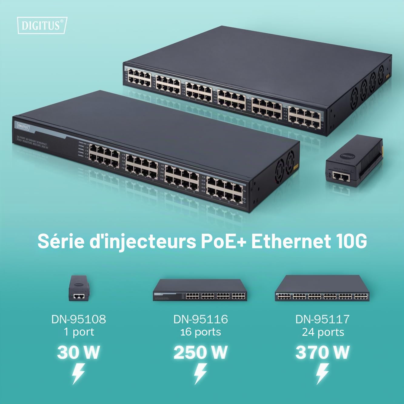 DIGITUS PoE+ Injecteur - 24 ports - IEEE802.3at - 10 Gbit/s - rack 19 pouces - 370 Watt total - jusqu'à 30 Watt/port