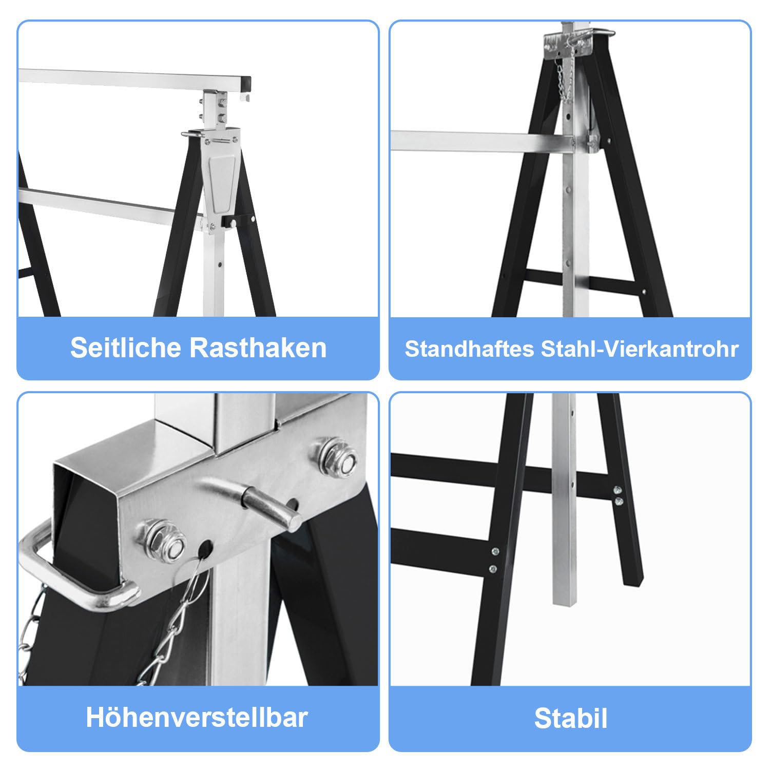 Lot de 2 tréteaux d’échafaudage télescopiques - Support de travail pliable - Hauteur de travail variable de 80 à 130 cm - Réglable en hauteur sur 7 positions - Support métallique, capacité de