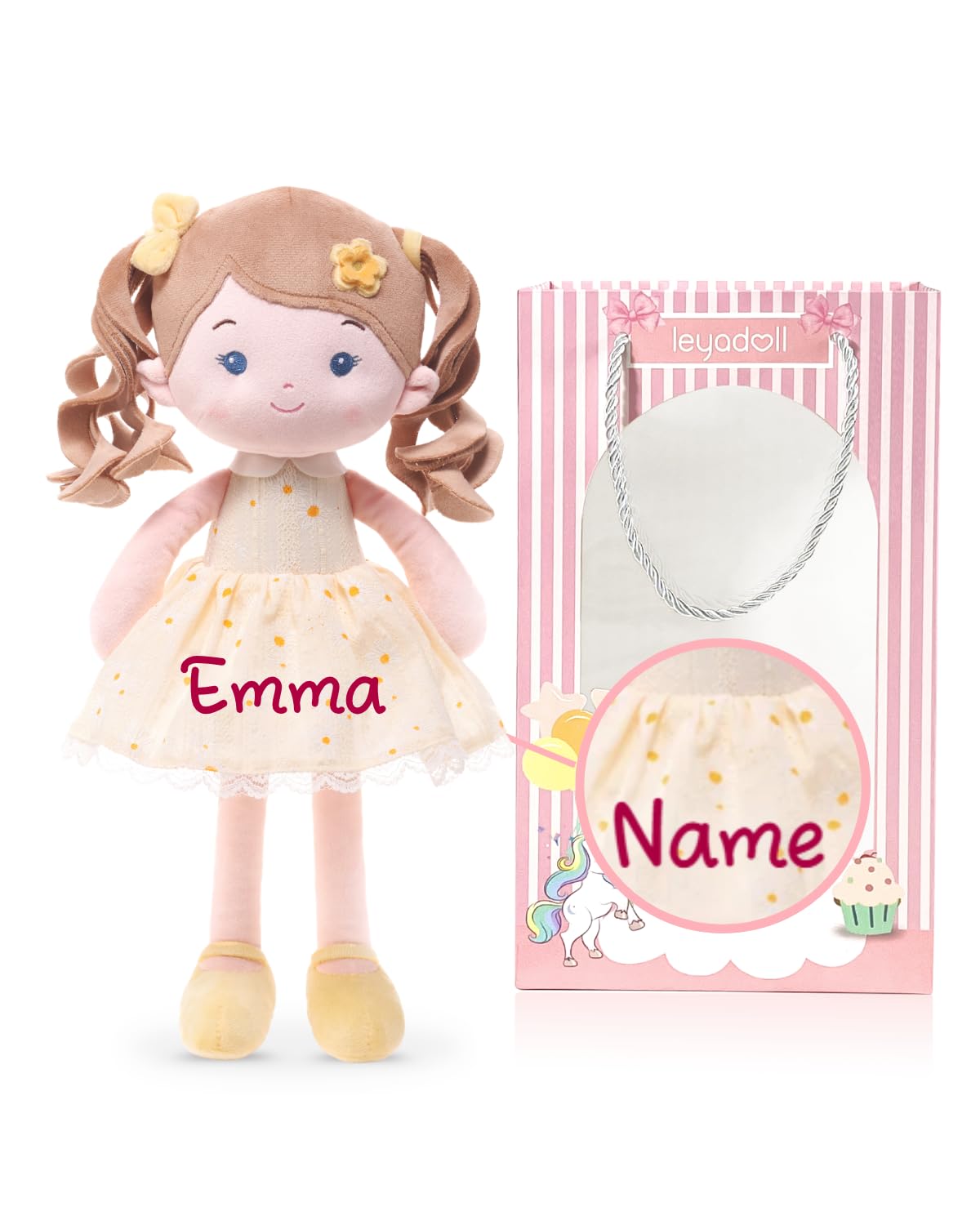 LeyaDoll Personalized Soft Baby Doll Toys (16''), My First Baby Rag Doll for 1 Year-Old Girl Birthday Gift, Christmas Plush Toys Gift for Toddler Kids Infants-Daydream Daisy Girl-Yellow
