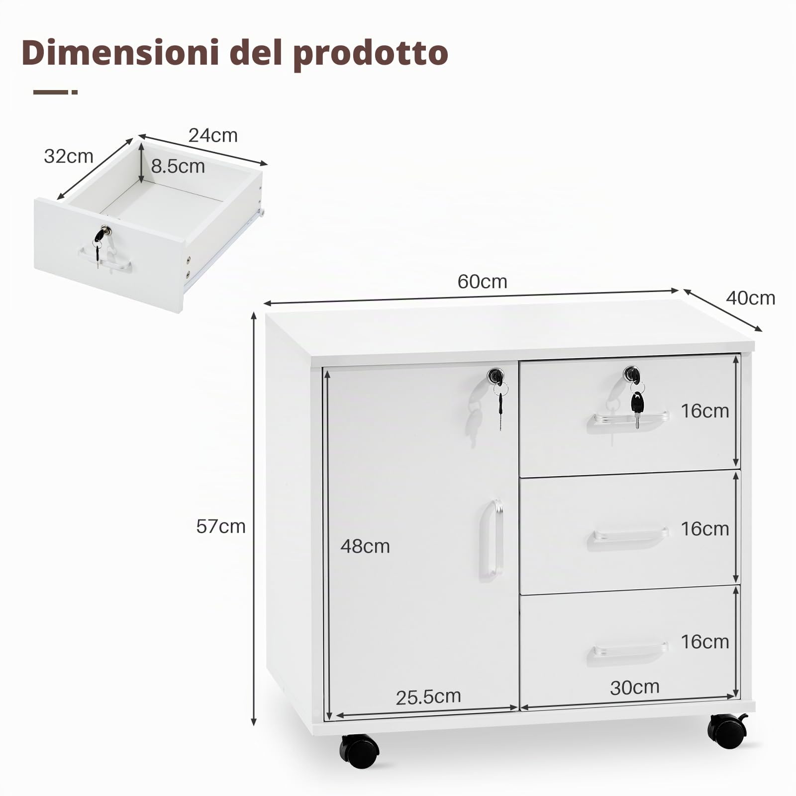 TUKAILAI Cassettiera con ruote richiudibile, mobile con 3 cassetti e armadio, 4 ruote, per ufficio e casa, bianco